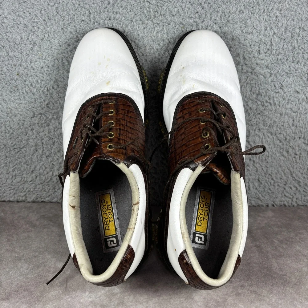 FootJoy Golf Shoes Mens 13 White Brown DryJoys Tour 53612 Croc Saddle Spiked